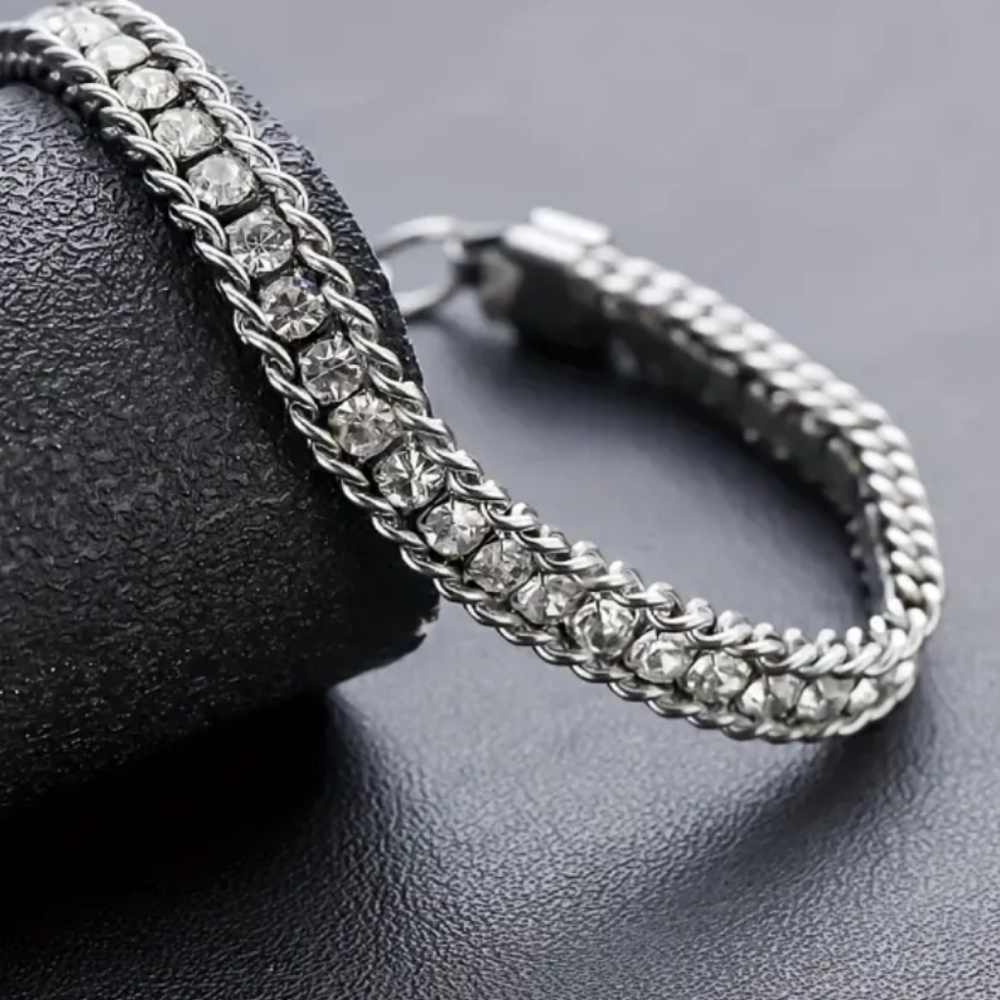 Crystal-Accented Silver Chain Bracelet - Polished Silver